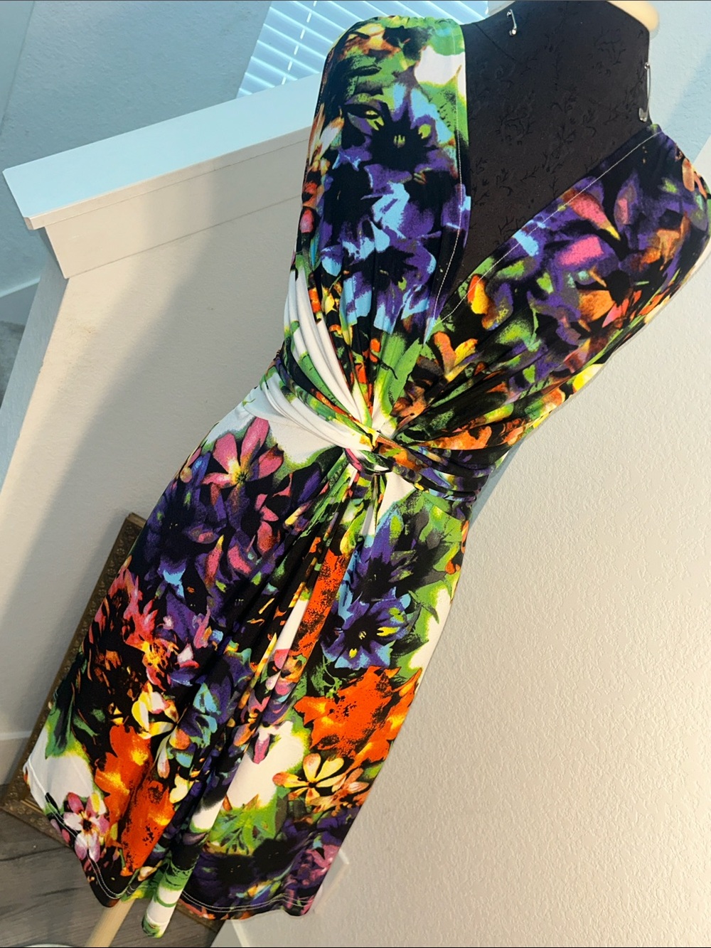 VENUS Multicolor Floral Twist-Front Dress — Purple, Orange, Green, White, Black